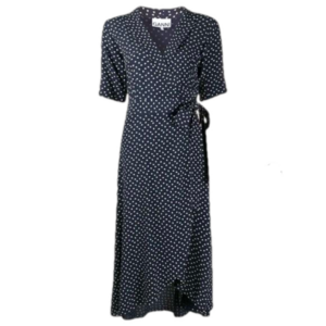 GANNI Navy Heart Polka Dot Wrap Dress Size 34 (US 2) | Midi V-Neck Tie Waist